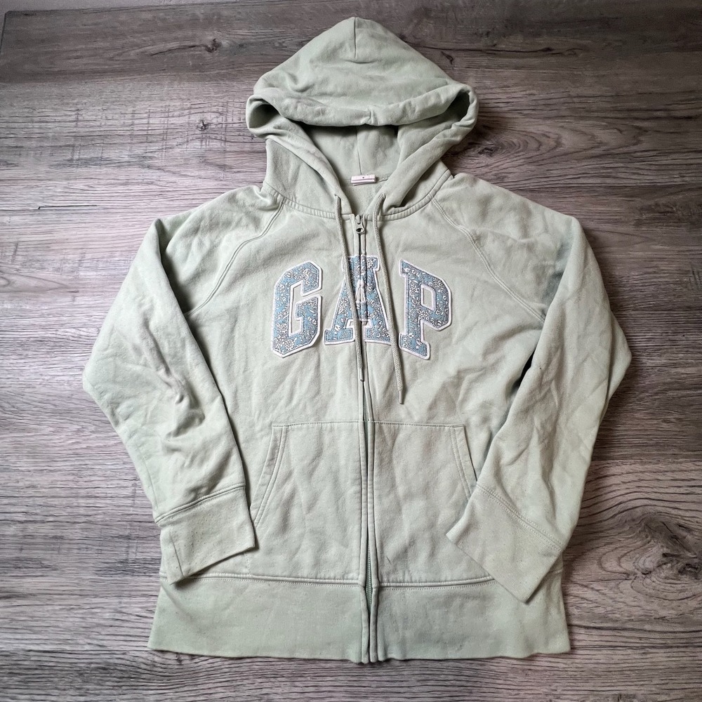 Gap Hoodie Women Medium Sage Green Floral Logo Full Zip Sweatshirt L61